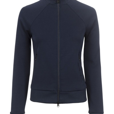 Casaco desportivo azul escuro com fecho e riscas na gola e punhos