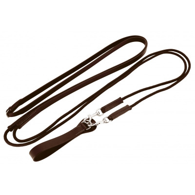 Trela dupla para cão castanha com argolas e presilhas metálicas