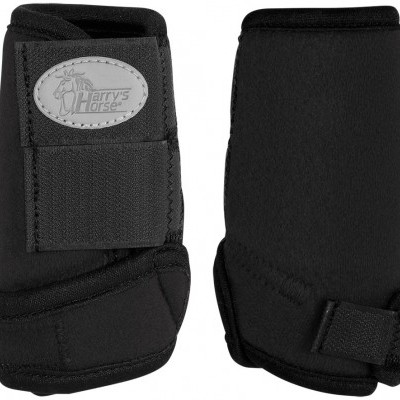 Protetores pretos para botas de cavalo com fecho de velcro e etiqueta 'Harry's horse'