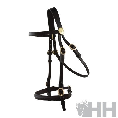 cabresto de couro preto com fivelas douradas para equitação
