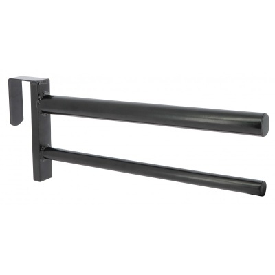 Suporte de metal preto com duas barras paralelas e gancho para fixação