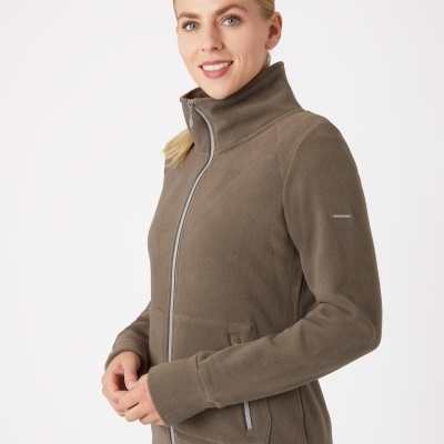 Casaco polar feminino castanho com fecho de correr e colarinho alto