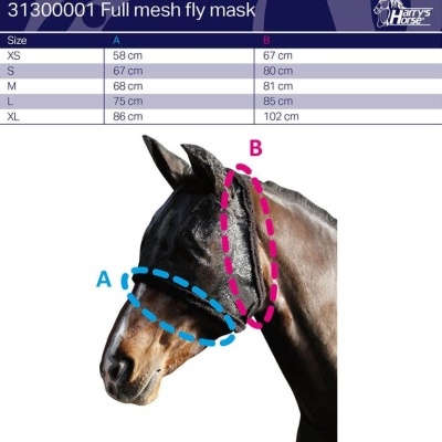 Cavalo com máscara de malha preta para proteção contra moscas e tabela de tamanhos.