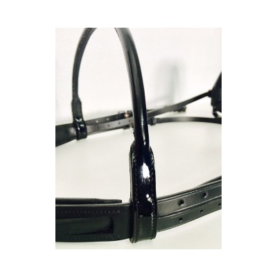 Cabeçada em couro preto com detalhes metálicos