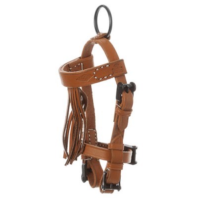 Cabresto de couro castanho claro com franjas decorativas e argola preta