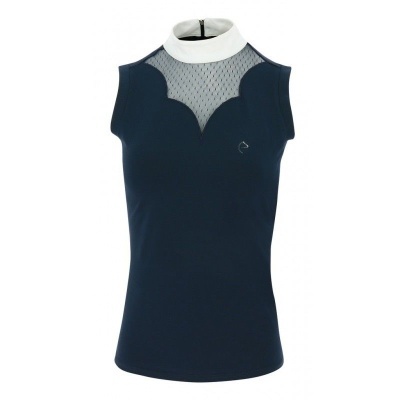 Top feminino azul escuro com gola branca e detalhe transparente em rede