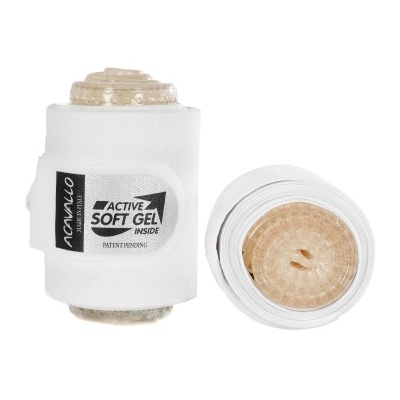 Duas munhequeiras brancas com inserções de gel transparente e etiquetas com texto