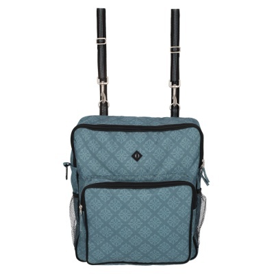 Mochila quadrada azul com padrão geométrico e alças pretas