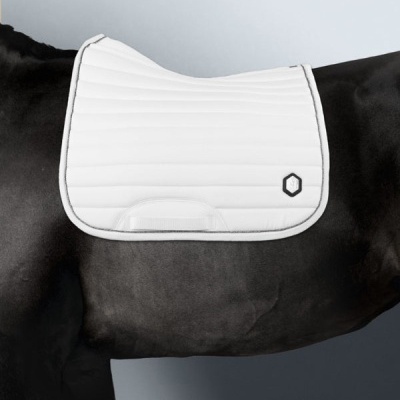 Alforge branco acolchoado sobre cavalo preto