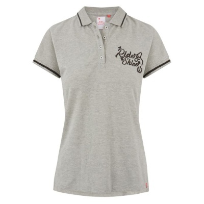 Polo feminino cinzento claro com texto Ride & Shine
