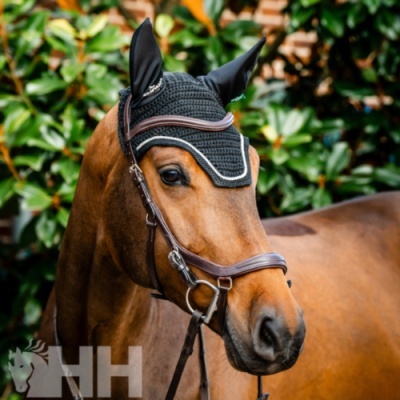 Cavalo castanho com venda preta na cabeça e arreio de couro