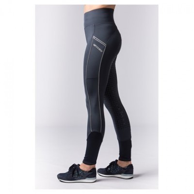 Leggings desportivas femininas pretas com detalhes em costura clara e texto DRY FLEX na coxa