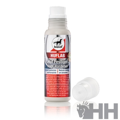 Frasco de endurecedor de cascos HUFLAB com escova e tampa branca sobre fundo branco