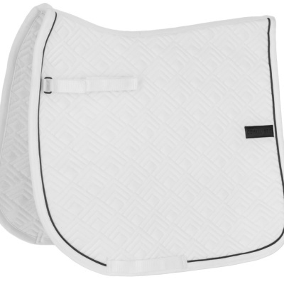 Manta para cavalo branca com padrão geométrico e etiquetas pretas.