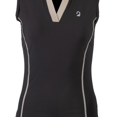 Camisola desportiva preta sem mangas com gola bege e logótipo branco