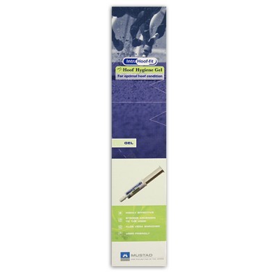 Embalagem vertical do Hoof Hygiene Gel da Mustad com cores azul, verde e branco