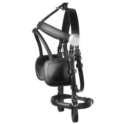 Arreio de couro preto com tiras e fivelas