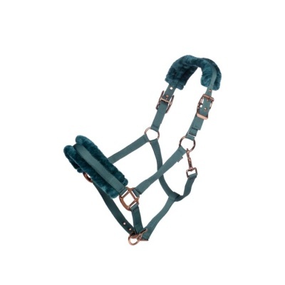 Cabresto para cavalo verde com acolchoado felpudo e ferragens em bronze