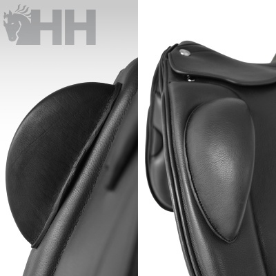 Detalhes de sela preta de equitação em couro com logotipo HH