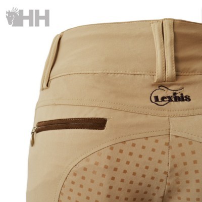 Calças beige com reforço antiderrapante e zíper castanho