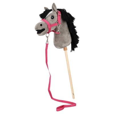 Cavalo de brincar em peluche cinzento com crina preta e rédea rosa