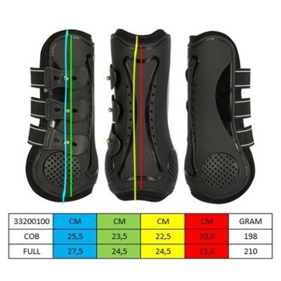 Três protetores para cavalos pretos com fechos de velcro ao lado de uma tabela colorida com tamanhos e peso.