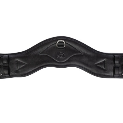 Cilha de montaria preta em pele com fivelas metálicas e argola central