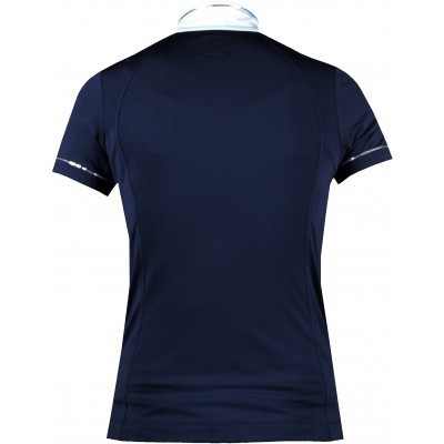 T-shirt técnica azul escuro com gola branca subida e mangas curtas