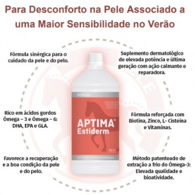 Frasco branco de APTIMA Estiderm com rótulo vermelho e texto informativo em português