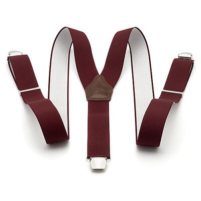 Suspensórios bordô com detalhes em couro castanho e presilhas metálicas
