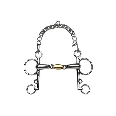 Freio metálico para cavalo com detalhe dourado