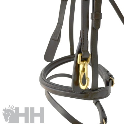 Peitoral de cavalo castanho escuro com fivelas douradas e selo HH