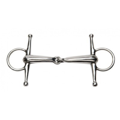 Freio de cavalo em metal prateado com peças articuladas e argolas grandes