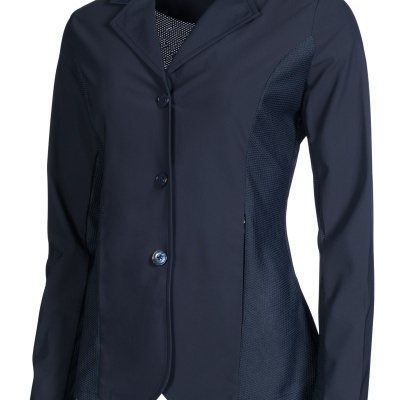 Casaco feminino azul escuro com botões e padrões laterais
