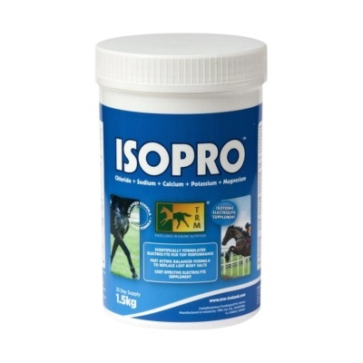 Recipiente de suplemento para cavalos ISOPRO com rótulo azul e branco