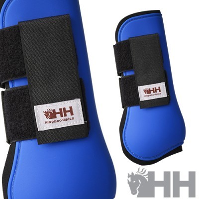 Protector para equitação azul com velcros pretos e etiqueta HH Hispano Hípica