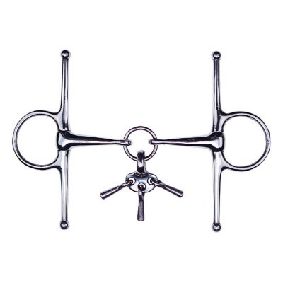 Freio para cavalo em metal prateado com argolas e anel central