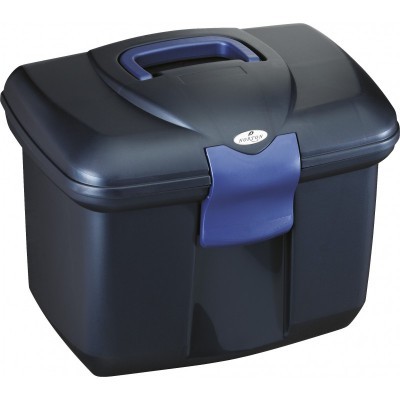 Caixa de armazenamento preta com tampa e fecho azul e pega integrada