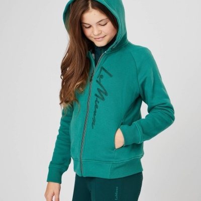 Casaco com capuz verde-azulado para criança com fecho de correr e bolsos, estampado LI MA.