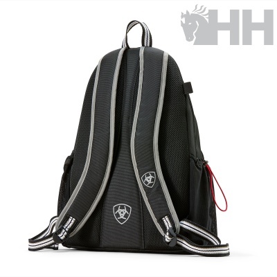 Mochila preta com alças acolchoadas e detalhes cinzentos e logótipos brancos