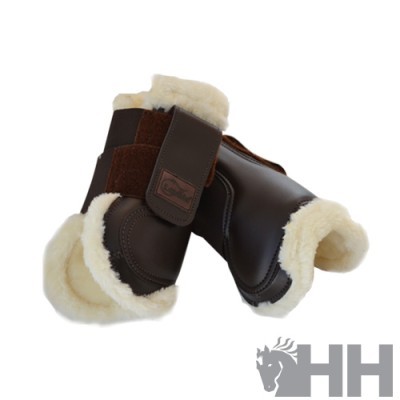 Botas castanho-escuro para cavalo com forro creme e tiras de velcro