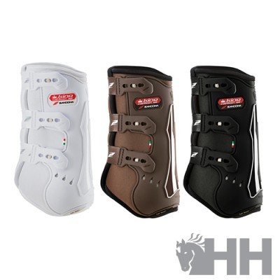 Três protetores para equitação Kido Beacon em branco, castanho e preto