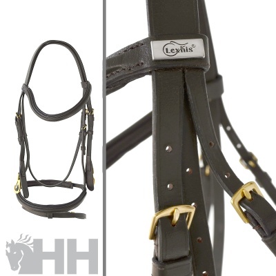 Cabresto em couro preto com ferragens douradas e placa metálica da marca Lexhis