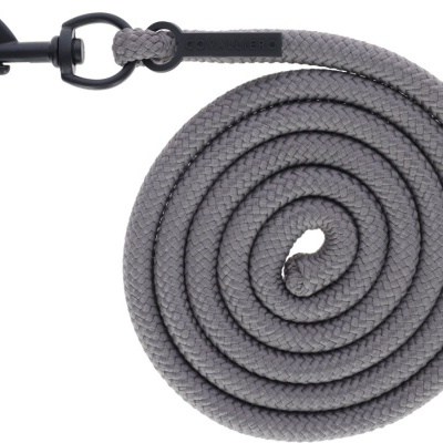 Trela para cão cinzenta em corda trançada com gancho preto metálico