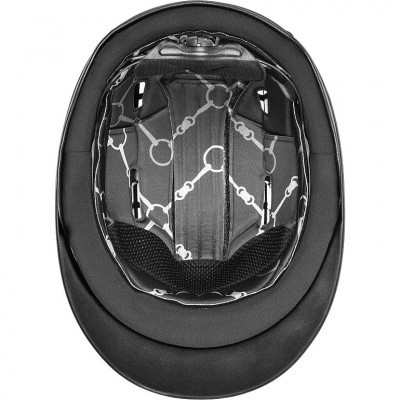 Interior de capacete preto com padrão de argolas cinza e branco