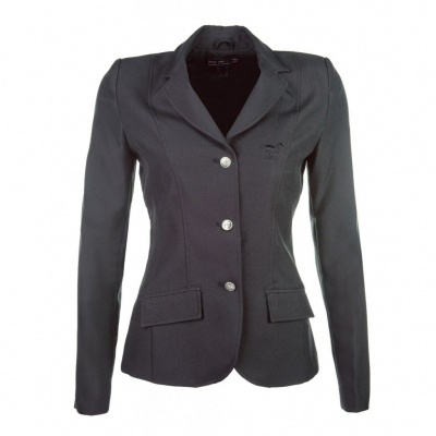 Blazer feminino preto com três botões prateados e bolsos frontais