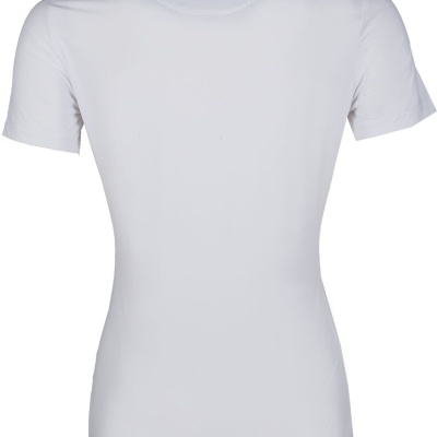 Camiseta branca de manga curta vista de costas com gola levantada