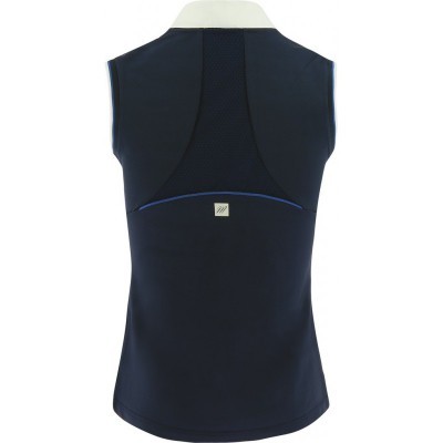 Colete desportivo feminino azul escuro com gola branca e detalhe respirável nas costas