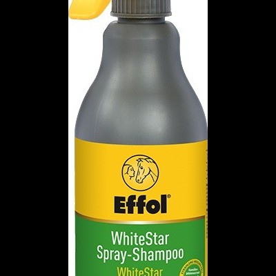 Garrafão de spray de champô Effol WhiteStar preto com rótulo amarelo e verde