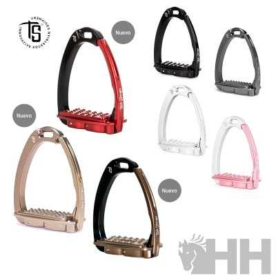 Seis estribos para equitação em várias cores com textura antiderrapante e inscrições TS INNOVATIVE EQUESTRIAN EQUIPMENT